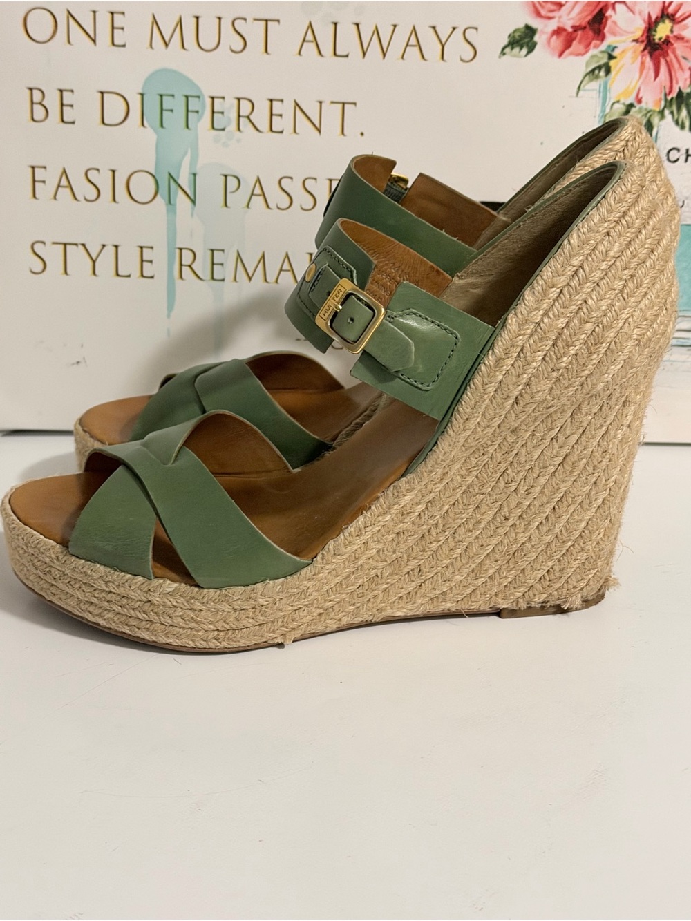 Hunter Olive Green Espadrille Wedge Sandals - Picture 4 of 8